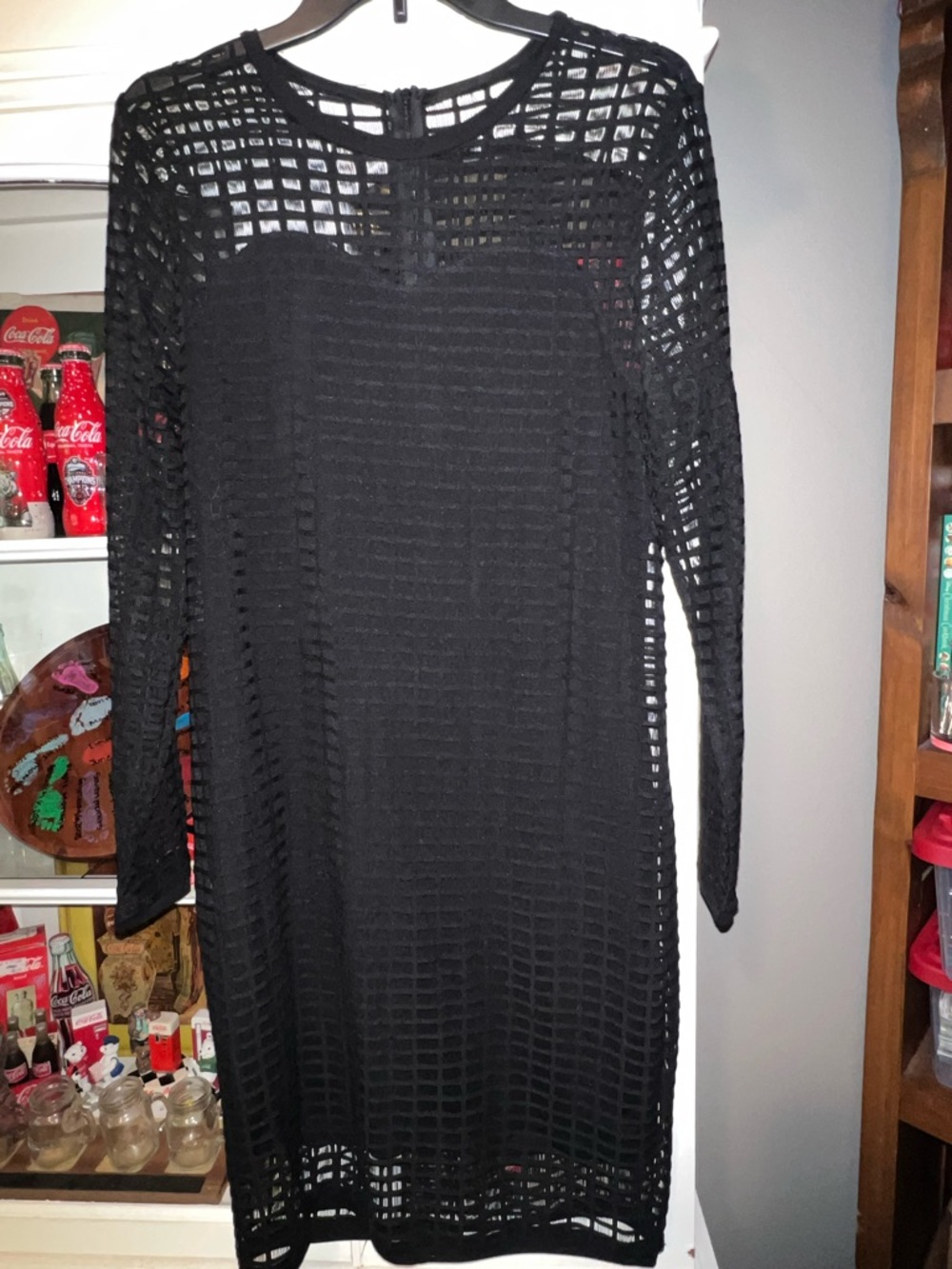 K Jordan Black Long-Sleeve Grid Mesh Dress